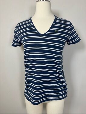Lacoste Navy & White Striped V-Neck Tee with Crocodile Logo